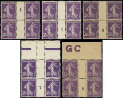 ** EMISSIONS DU XXe SIECLE - 142   Semeuse Camée, 35c. Violet, 5 BLOCS De 4 Mill.1, 4, 7, 8 Et 9, Ces 2 Derniers GC, TB - Unused Stamps