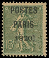 * PREOBLITERES - 25  15c. Vert-olive, POSTES PARIS 1920, Barre De Calage Après 1920, TB. C - 1903-60 Säerin, Untergrund Schraffiert