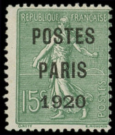 (*) PREOBLITERES - 25  15c. Vert-olive, POSTES PARIS 1920, Grands Chiffres 192, TB. J - 1903-60 Sower - Ligned