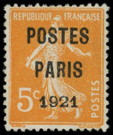 (*) PREOBLITERES - 27   5c. Orange, POSTES PARIS 1921, TB. S - 1893-1947
