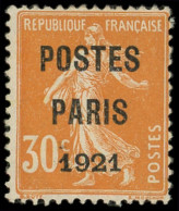 * PREOBLITERES - 29  30c. Orange, POSTES PARIS 1921, TB - 1893-1947