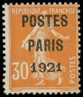 (*) PREOBLITERES - 29b 30c. Orange, POSTES PARIS 1921, GROS 192, TB - 1893-1947