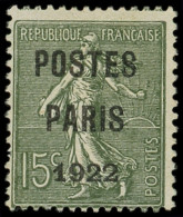 (*) PREOBLITERES - 31  15c. Vert-olive, POSTES PARIS 1922, TB. C - 1893-1947