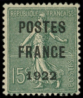 * PREOBLITERES - 37  15c. Vert-olive, POSTES FRANCE 1922, TB - 1893-1947