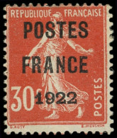 (*) PREOBLITERES - 38  30c. Rouge, POSTES FRANCE 1922, TB. M - 1893-1947