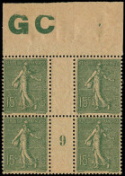 ** VARIETES - 130j  Semeuse Lignée, 15c. Vert Gris, BLOC De 4 Mill.9, Manchette GC, TB - Millesimi