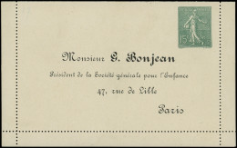 Let ENTIERS POSTAUX - Semeuse Lignée, 15c. Vert-olive, CL TSC N°B10g, G. Bonjean, R Et TB - 1903-60 Semeuse Lignée