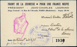 Guerre 1939/1945 - Front De La Jeunesse Carte De Membre Actif Avec Cachet Du Siège Central, TB - Guerra De 1939-45