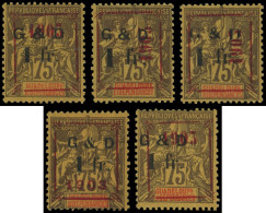 * GUADELOUPE 53 : 1f. S. 75c. Violet-noir S. Jaune, Surch. 1903 Rouge, 5 Ex. Compositions Différentes, TB - Autres & Non Classés