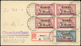 Let MEMEL 74 : 9m. Sur 1f. Lie De Vin Et Olive, BLOC De 4, 2 Ex. 9 éloigné De Mark Et N°64, Tous Obl. MEMEL 8/1/23 S. En - Other & Unclassified