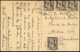 Let ANDORRE ESPAGNOL 29 : 5c. Sépia, BANDE De 3 (sur La Tranche) Et Unité, Obl. 21/8/41 S. CP, TB - Other & Unclassified