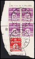 1927. DANMARK. Wavyline 4 Ex 12 ØRE + 2 ØRE On Small Piece From Parcel Card Cancelled With S... (Michel 167+) - JF537309 - Used Stamps