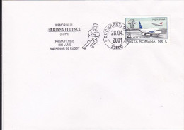 SPORTS, RUGBY, MARIANA LUCESCU MEMORIAL TOURNAMENT SPECIAL POSTMARK ON COVER, PLANE STAMP, 2001, ROMANIA - Rugby