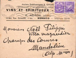 MONACO AFFRANCHISSEMENT COMPOSE SUR LETTRE A EN TETE POUR LA FRANCE 1945 - Briefe U. Dokumente