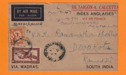 1937 - Enveloppe De SAIGON CENTRAL Vers DEVAKOTA, Inde Du Sud - Via MADRAS - AIR FRANCE - Cad Arrivée - 40 Piastres - Airmail