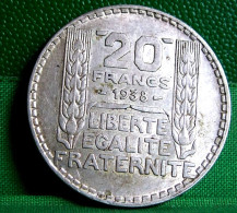 FRANCE MONNAIE ARGENT 20 FRANCS TURIN 1938  RAMEAUX LONGS . OLD  SILVER COIN - 20 Francs