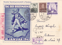 KING MICHAEL, POET STAMPS, MAILMAN, STAMP'S DAY, WW2 CENSORED NR 20 REGISTERED SPECIAL POSTCARD, 1943, ROMANIA - Lettres & Documents