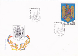 COAT OF ARMS, ROMANIAN REPUBLIC, COVER FDC,1992, ROMANIA - Omslagen