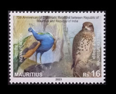 Mauritus 2023 - Joint Issue India - Peocock & Kestrel Birds, Aves, Pajaros, Uccelli, Vögel, Vogels, Oiseaux - 1v Stamp - Joint Issues