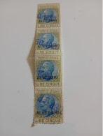 STRISCIA DI 4 FRANCOBOLLI DA 5 LIRE REGNO CON SOPRASTAMPA ALBERGHI - Revenue Stamps