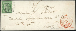 Obl. 2 - 15c. Vert Obl. Grille Arrondie De Paris + Cachet Rouge ''P.P. Du Bureau G'' S/lettre Locale à Destination De PA - 1849-1850 Ceres