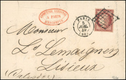 Obl. 6B - 1F. Carmin-brun Obl. Grille S/lettre Frappée Du CàD De PARIS (60) Du 5 Juillet 1849 à Destination De LISIEUX - - 1849-1850 Ceres