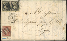 Obl. 7+3a - 1F. Vermillon (déf.) + Paire Du 20c. Noir S/blanc, Obl. Grille S/lettre De PARIS Du 24 Septembre 1849 à Dest - 1849-1850 Cérès