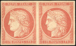 (*) 7A - 1F. Vermillon Pâle Dit 'Vervelle' En Paire. Pli Horizontal D'origine. Variété Du Carré Touchant Le Cadre Tenant - 1849-1850 Ceres