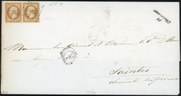 Obl. 9a - Paire Du 10c. Bistre Brun, Obl. PC 847 S/lettre Partielle, à Destination De SAINTES - CHARENTE-INFERIEURE. Arr - 1852 Louis-Napoleon