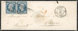 Obl. 10 - Paire Du 25c. Bleu Obl. Grille Sans Fin S/lettre Frappée Du CàD De PARIS (60) Du 25 Décembre 1852 à Destinatio - 1852 Luis-Napoléon