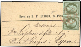 Obl. 11 - Paire Du 1c. Olive Obl. Cachet Rouge PP Du 14 Février 1861 S/bande Complète De Journal De PARIS à Destination  - 1853-1860 Napoléon III