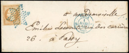 Obl. 13A - 10c. Bistre Obl. étoile Bleue S/lettre Frappée Du CàD Bleu De PARIS (60) Du 1 Mars 1855 à Destination De PASS - 1853-1860 Napoleone III