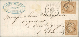 Obl. 13A+21 - 10c. Bistre X 2 Obl. GC 3291 S/lettre Frappée Du CàD De SANCERRE Du 28 Décembre 1862 à Destination D'AUBIG - 1853-1860 Napoleone III