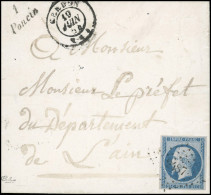 Obl. 14A - 20c. Bleu Obl. PC 2487 S/lettre Frappée Du CàD De CERDON Du 19 Juin 1854 à Destination De Monsieur Le Préfet  - 1853-1860 Napoleone III
