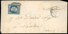 Obl. 14Ad - 20c. Bleu Foncé S/vert Obl. PC 1818 S/lettre Frappée Du CàD De LYON Du 14 Juin 1855 à Destination De NANTUA  - 1853-1860 Napoléon III