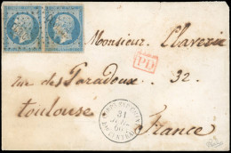 Obl. 14A - Paire Du 20c. Bleu Obl. CECB CL S/lettre Frappée Du Cachet Du CORPS EXP CHINE - Bau CENTRALE Du 31 Juillet 18 - 1853-1860 Napoleone III