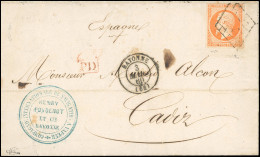 Obl. 16 -  40c. Orange Obl. Grille De BAYONNE S/lettre Frappée Du CàD De BAYONNE Du 3 Mars 1860 à Destination De CADIZ - - 1853-1860 Napoléon III