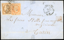 Obl. 16+13A - 40c. Orange + 10c. Bistre Obl. Grille De CHAMBERY S/lettre Frappée Du CàD De CHAMBERY Du 12 Août 1860 à De - 1853-1860 Napoléon III.