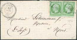 Obl. 20x2 - 5c. Vert X 2 Obl. GC 4496 S/lettre Frappée Du CàD Perlé De LIGNE Du 13 Novembre 1865 à Destination De NIORT. - 1862 Napoleon III