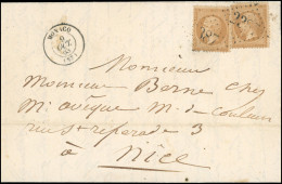 Obl. 21x2 - 10c. Bistre X 2 Obl. GC 2387 S/lettre Frappée Du CàD De MONACO Du 9 Octobre 1863 à Destination De NICE. Arri - 1862 Napoléon III