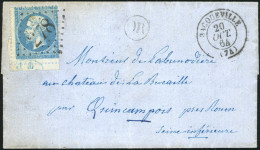 Obl. 22 - 20c. Bleu, Petit BdeF Avec Cachet ''TP'' En Bleu, Obl. GC 278 S/lettre Frappée Du CàD De BACQUEVILLE Du 20 Oct - 1862 Napoléon III.