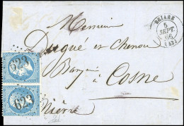 Obl. 22 - Paire Du 20c. Bleu, Obl. GC 623 S/lettre Frappée Du CàD De BRIARE Du 5 Septembre 1866 à Destination De COSNE - - 1862 Napoléon III