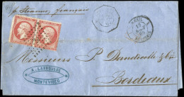 Obl. 24 - Paire Du 80c. Rose Obl. Ancre S/lettre Frappée Du CàD Octogonal MONTEVIDEO Du 15 Juillet 1865 + Cachet BRESIL  - 1862 Napoleon III