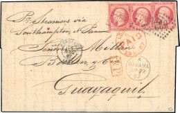 Obl. 24x3 - 80c. Rose X 3 Obl. GC 532 S/lettre Frappée Du CàD De BORDEAUX Du 28 Août 1867 à Destination De GUAYAQUIL - E - 1862 Napoleon III