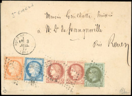 Obl. 25+38+51+60 - 1c. Bronze + 40c. Orange + 2 X 2c. Rouge-brun + 25c. Bleu Obl. S/lettre Frappée Du CàD Du PONT DE PAN - 1863-1870 Napoléon III Con Laureles