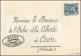 Obl. 29B - 20c. Bleu Obl. S/lettre à Destination De CAEN. Le Timbre A Servi Comme Préoblitéré, Durant La Commune De Pari - 1863-1870 Napoleon III Gelauwerd