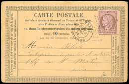 Obl. 58 - 10c. Brun S/rose Obl. étoile De Paris, Variété De Points Manquants, S/carte Postale Locale Frappée Du CàD De P - 1871-1875 Cérès