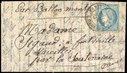 Obl. 37 - LE FRANKLIN. 20c. Siège Obl. S/lettre Frappée Du CàD De PARIS - R. CARDINAL LEMOINE Du 4 Décembre 1870 à Desti - Guerre De 1870