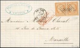 Obl. 38 - SMYRNE. Paire Horizontale Du 40c. Siège, ''4'' Retouché Tenant à Normal, Obl. GC 5098 S/lettre Frappée Du CàD  - 1849-1876: Classic Period