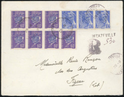 Obl. 1Mx3+2x7 - DECAZEVILLE. Bande De 3 Du 10c. Bleu + Bloc De 7 Du 60c. Violet Obl. S/lettre Frappée Du CàD De DECAZEVI - Bevrijding